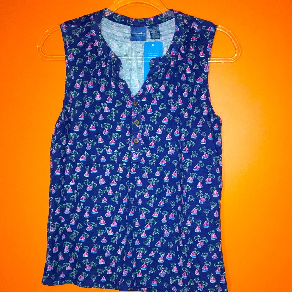 Caribbean Joe Sailboat Print Sleeveless Blouse Size Small 4/6 Woman’s Resortwear